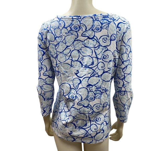 Talbots Womens 3/4 Sleeve Blue & White Seashell Print Top Cotton Blend Md - Picture 5 of 6